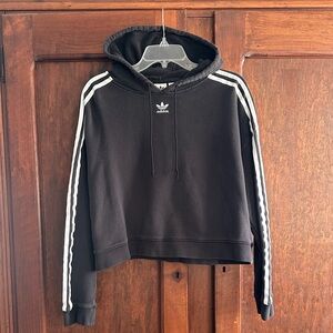 Adidas Cropped Black Pullover Hoodie with White Accents